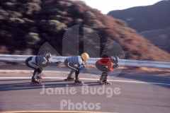 THREE SKATE RACERS IN SPEED FARING © Jamie Budge, all rights reserved.
Skater in Red leads John Duncan and George Merket around turn one on backside of Old Tujunga Canyon, CA